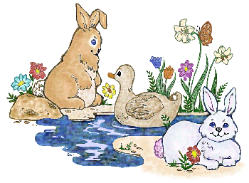 Bunnies and duck at a pond