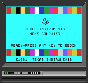 Texas TI-99/4a "'Power On'" Screen shot. Viewed on a typical T.V. of the time.