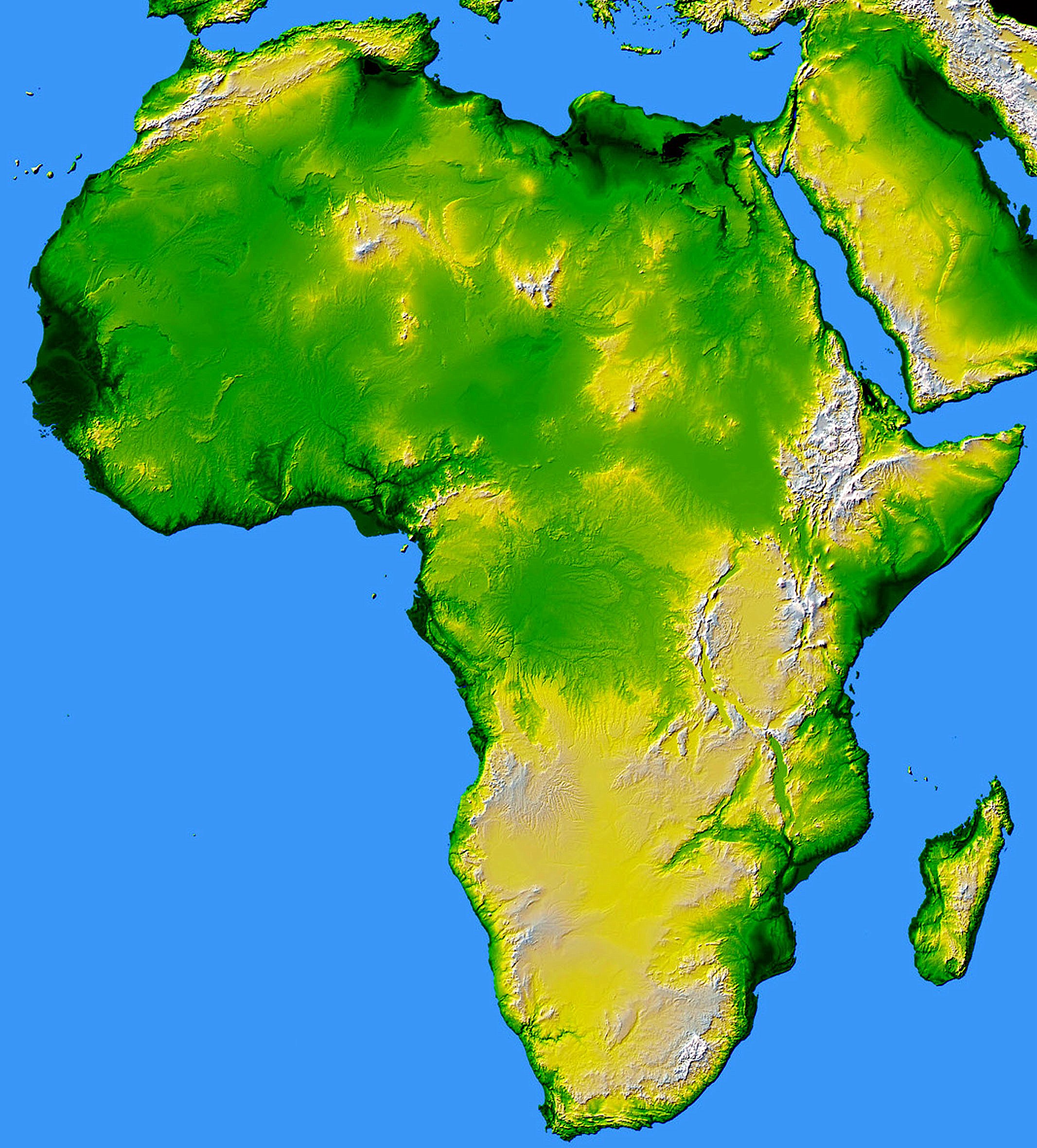 Full color elevation map of Africa.