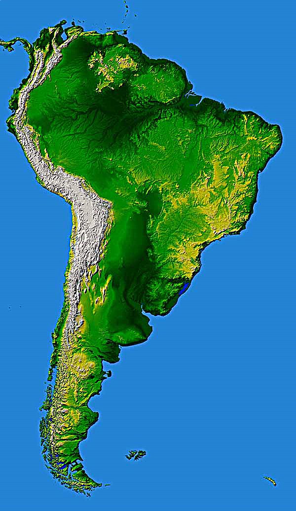 Full color elevation map of South America.