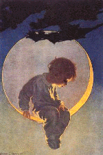 Little boy sitting on cresent moon