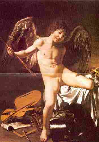 winning cupid by Caravaggio, around 1500. Note the so called ''musical instruments'' at his feet: they do not look musical, to a mason... ROLLOVER
