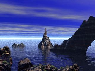 Fantasy digital seascape by Maryann Sterling.  Ocean in mid-blue tones.  Coastal rocks form an archway.