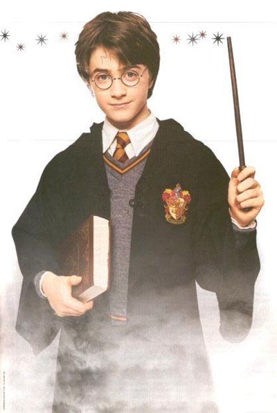 Harry Potter with wand and book