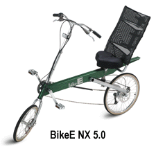 bikeE.One of the more common recumbents found in bike shops.
 A Compact Long Wheelbase bike CLWB. Mesh back padded seat -sling seat-