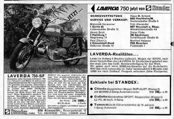 Werbung aus der Motorrad von 71, fuer die 750 GT, die s bzw. später die SF waren teurer!