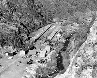 OVERVIEW OF CCC TENT CAMP 818 AT PHANTOM RANCH. BRIGHT ANGEL CREEK ON RIGHT. CIRCA 1935. NPS 