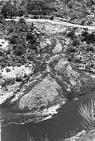 NEAR PHANTOM RANCH. CHANNELING OF BRIGHT ANGEL CREEK DELTA AFTER THE 30 YEAR FLOOD EVENT OF 1995. CONFLUENCE WITH THE COLORADO RIVER. MARCH 1995. NPS PHOTO BY SJORS