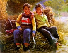 "Yellow River Children" 116 x 89cm - Oil on canvas by Deng Nai Rong -powellstreetgallery.com