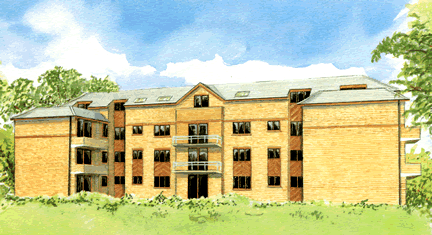 Artist's impression of Trentham Lodge from the cricket ground.  Prepared 	by Nic Eccleston at State of the Art for Walton Development Company Ltd (circa 	1989).