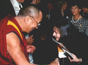 His Holiness, the Dalai Lama, greets Nancy the Understanding