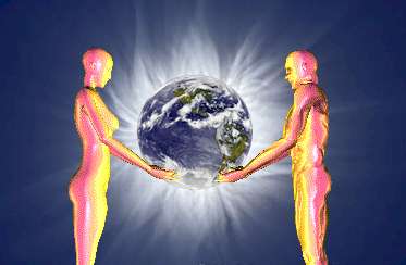 picture shows human male and female carrying planet earth