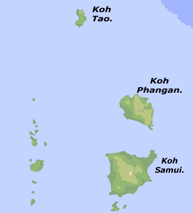 Map of the islands of Samui, Phangan and Tao. In the Gulf of Thailand. 110 Lon E , 9 30' Lat N.